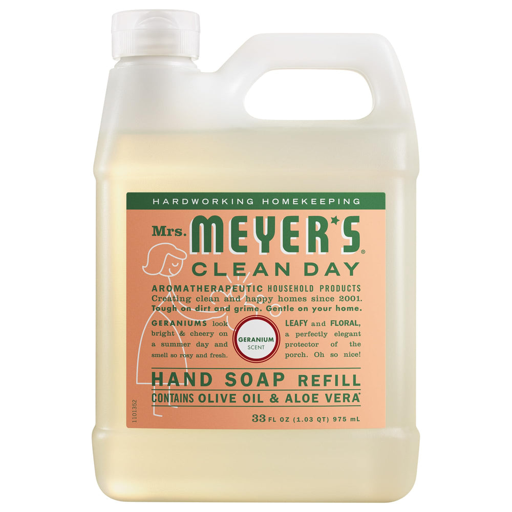 Mrs. Meyer's Clean Day Savon main Geranium sur bouteille, parfum frais et soin hydratant.
