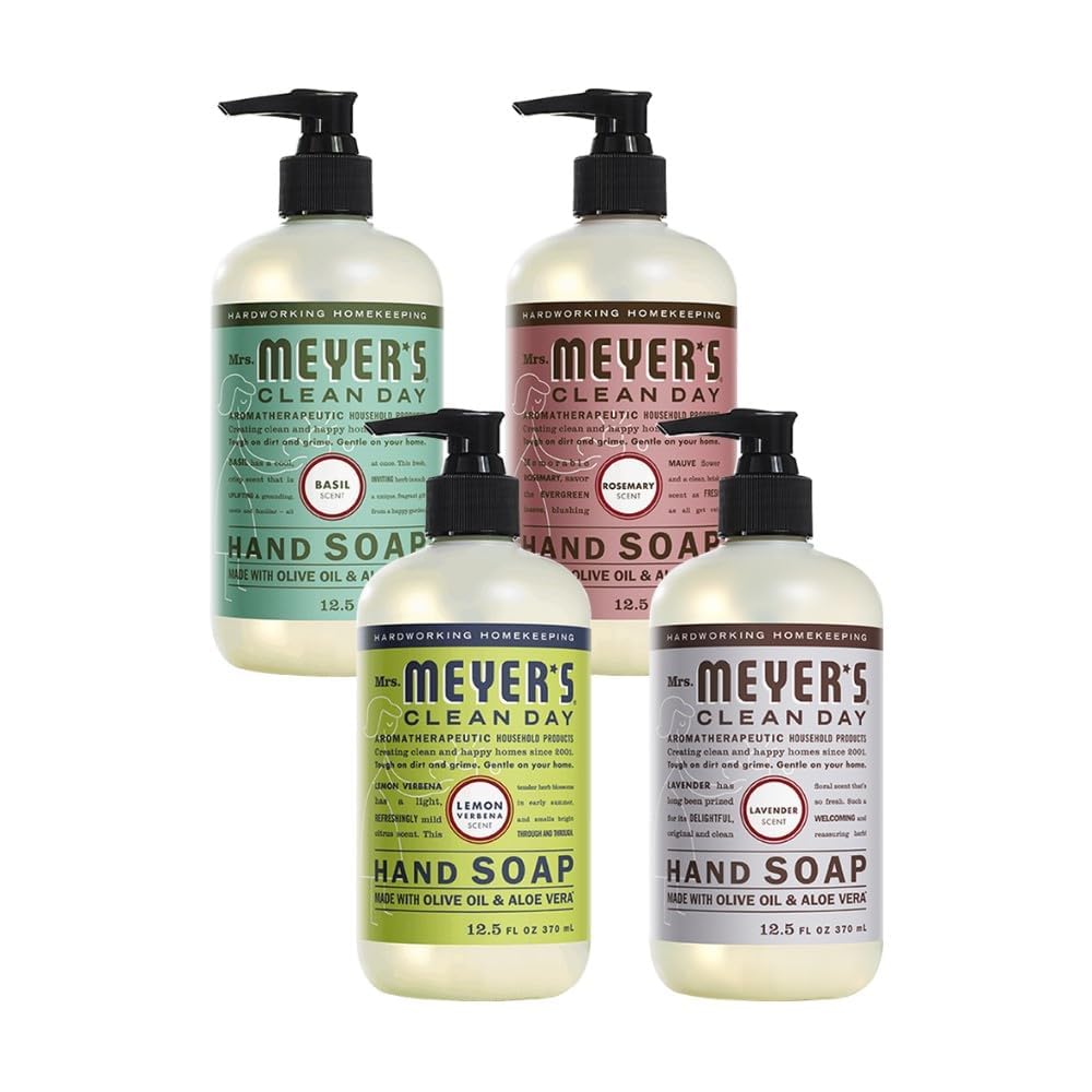 Savon mains Mrs. Meyer's basilic-lavande: parfum frais et hydratation douce.