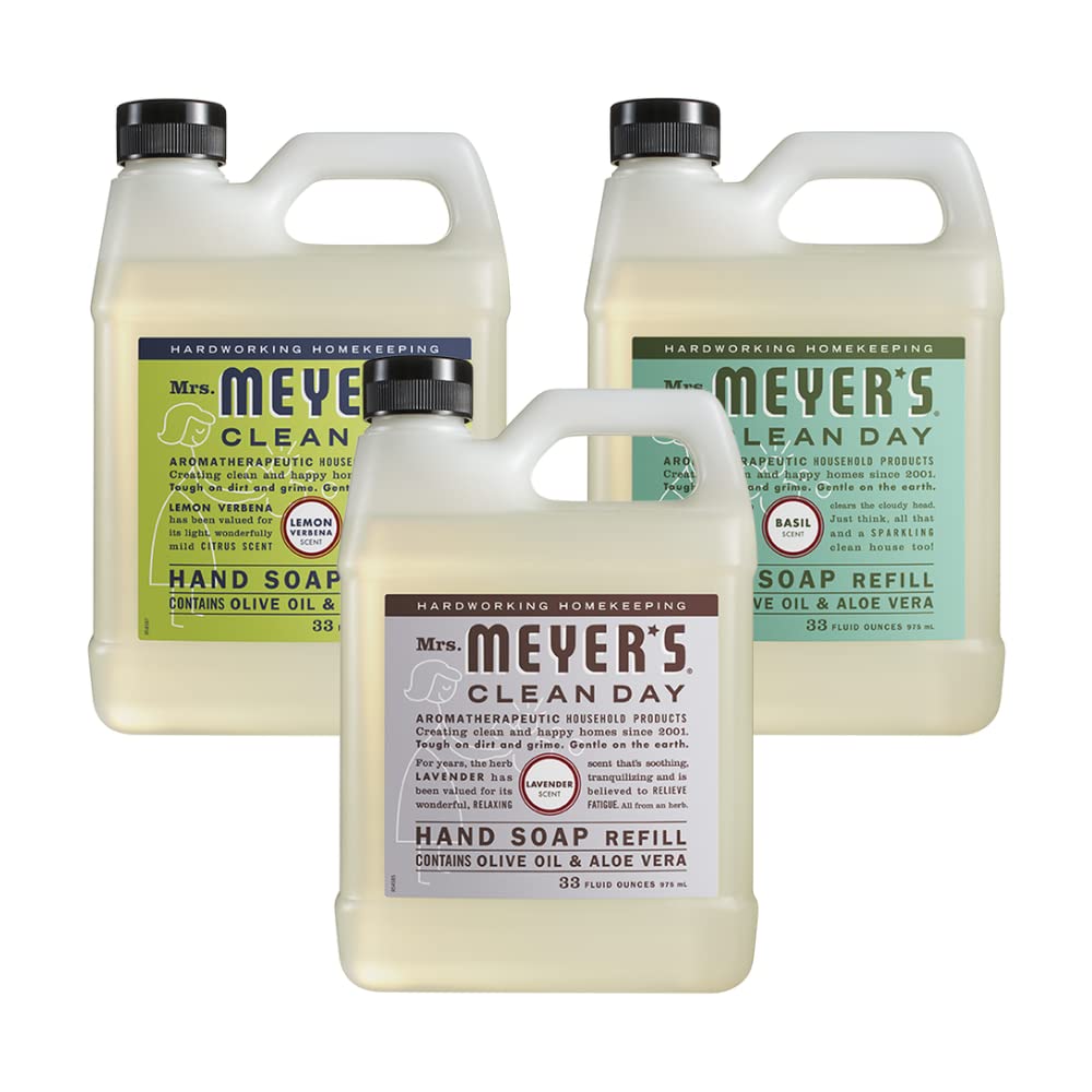 Mrs. Meyer's Savon mains Citron-Verveine, recharge pratique et parfum frais.
