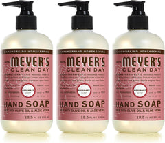 Savon mains Mrs. Meyer's Clean Day romarin, bouteille pompe, douceur et propreté.