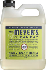 Étiquette Verveine Citronnée sur le savon mains Mrs. MEYER'S Recharge, allure naturelle.
