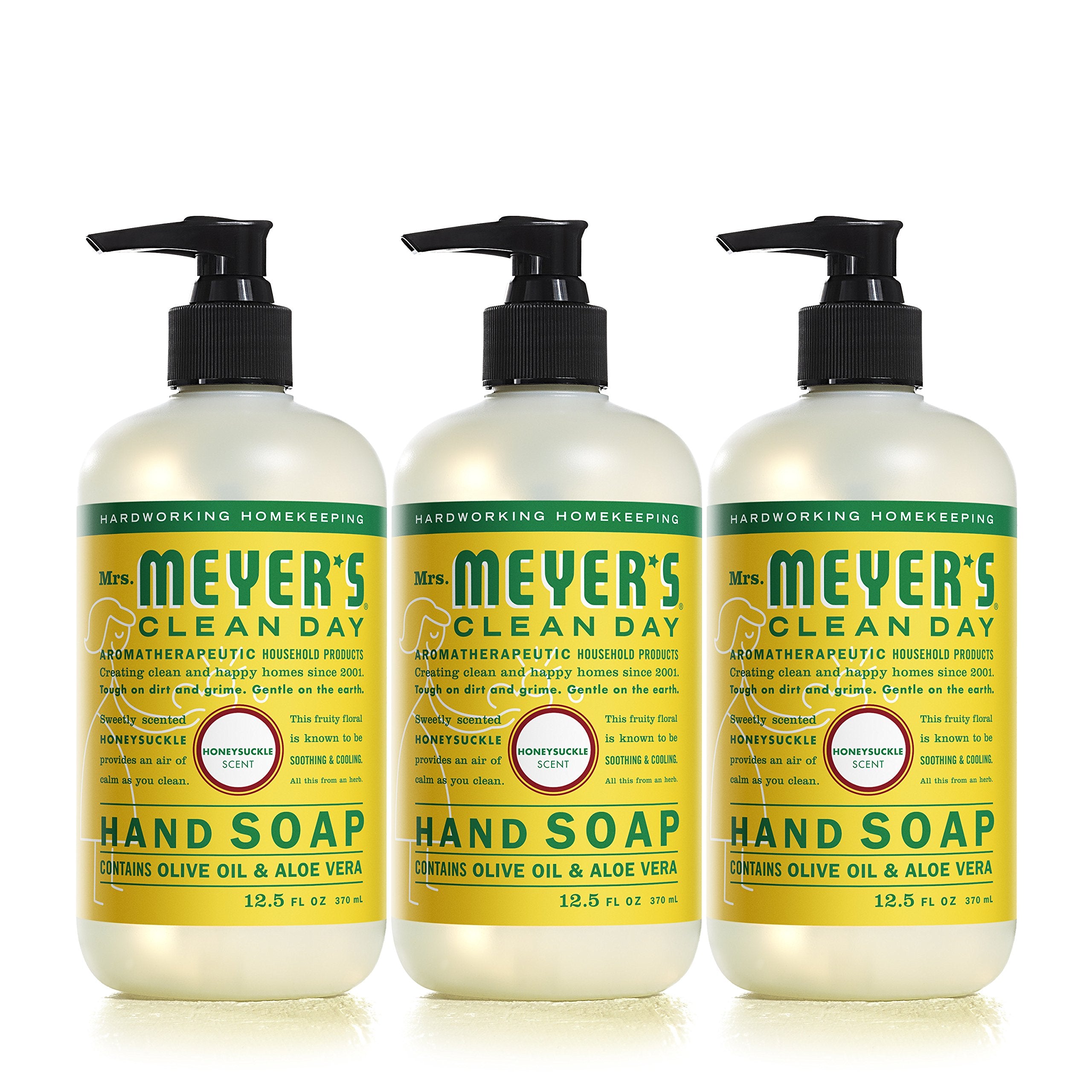 Mrs. Meyer's Savon Mains Chevrefeuille: bouteille Pack3, parfum frais et hydratant.