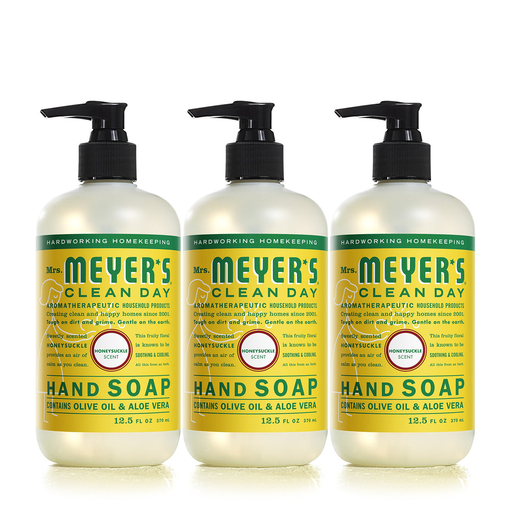 Mrs. Meyer's Savon Mains Chevrefeuille: bouteille Pack3, parfum frais et hydratant.