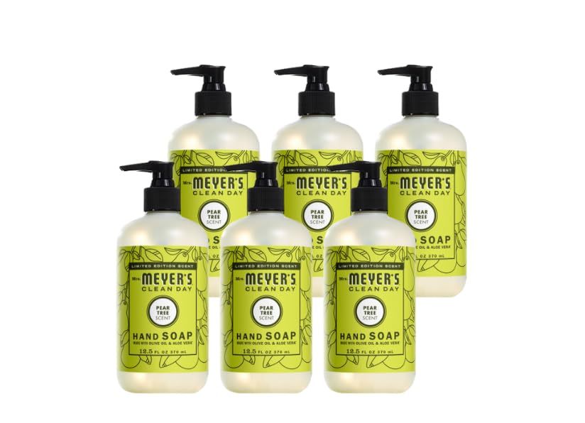 Bouteille Mrs. Meyer's Savon Mains Poire-Arbre nettoie en douceur.