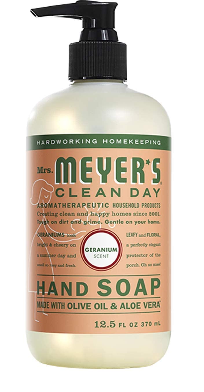 Senteur geranium : savon mains frais et hydratant Mrs. Meyer's.