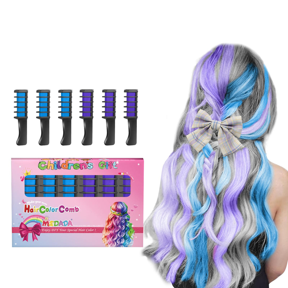 MSDADA peigne craie bleu sur cheveux clairs, look ludique et temporaire.