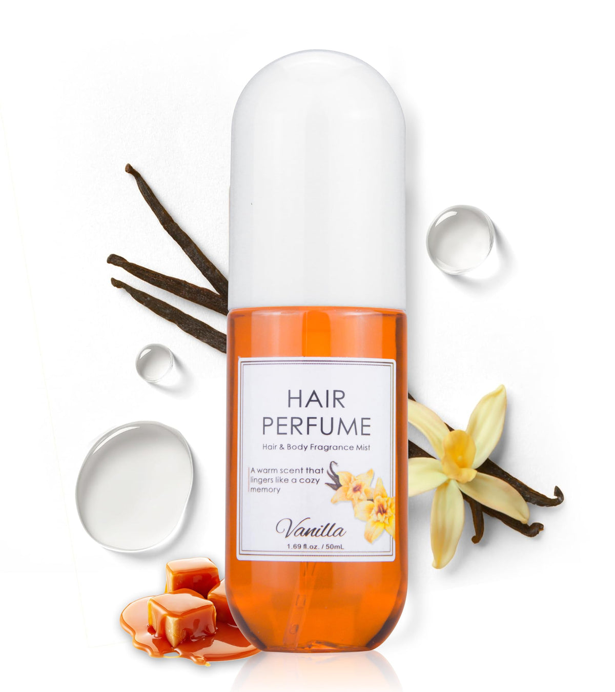 Msktasy Vanilla Hair & Body Parfum Spray, flacon élégant et arôme vanille-cacao durable.