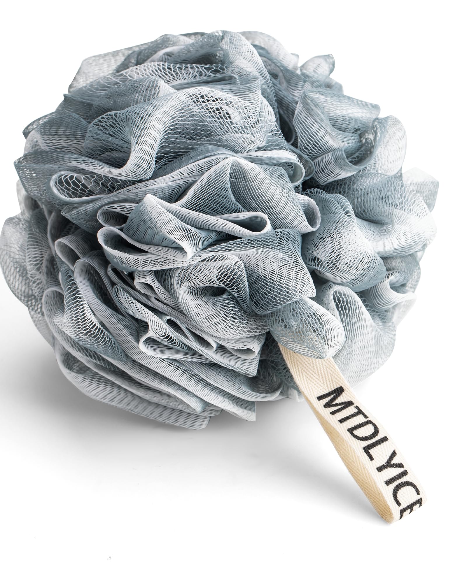 Éponge loofah MTDLYICE couleur bleu gris, grand format convivial pour toute la famille.