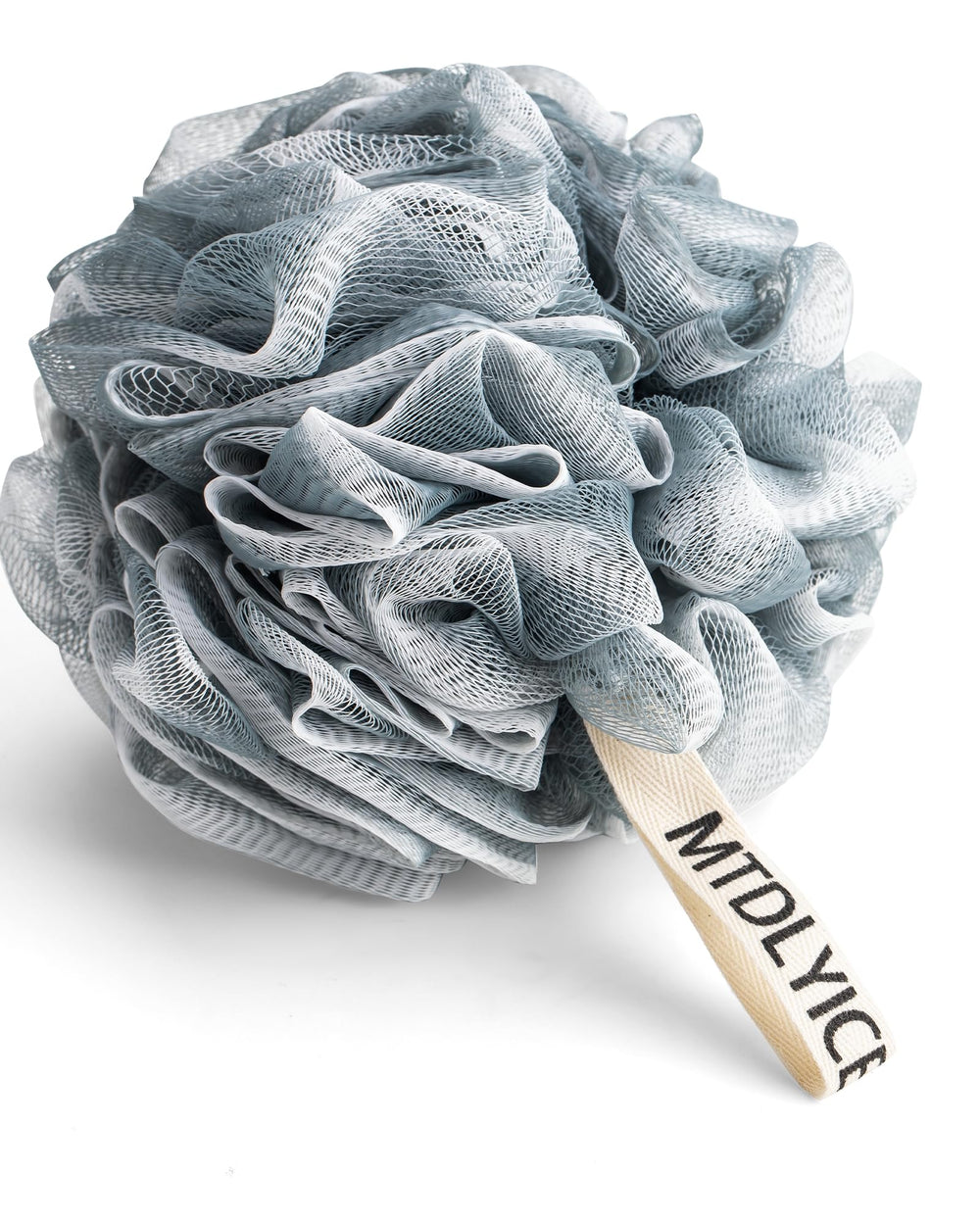 Éponge loofah MTDLYICE couleur bleu gris, grand format convivial pour toute la famille.