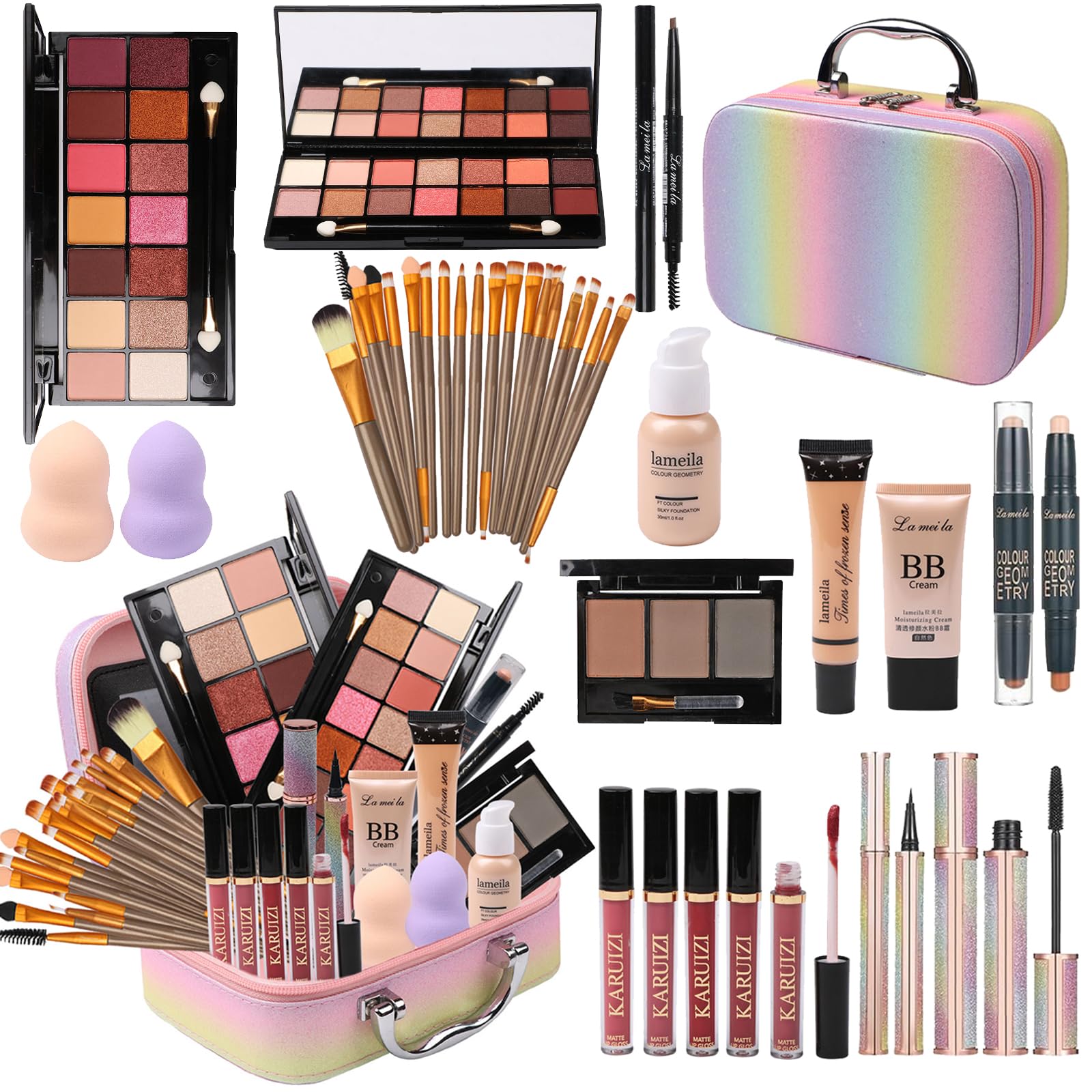 MTDXILTAI coffret maquillage arc-en-ciel, rangement élégant et pratique pour sessions maquillage en déplacement.