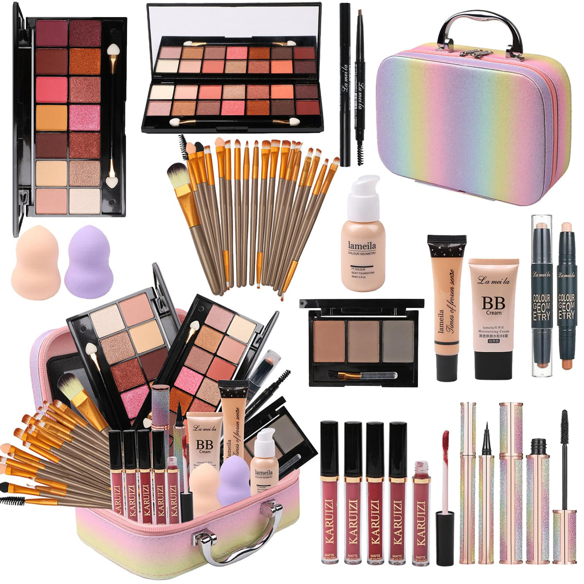 MTDXILTAI coffret maquillage arc-en-ciel, rangement élégant et pratique pour sessions maquillage en déplacement.