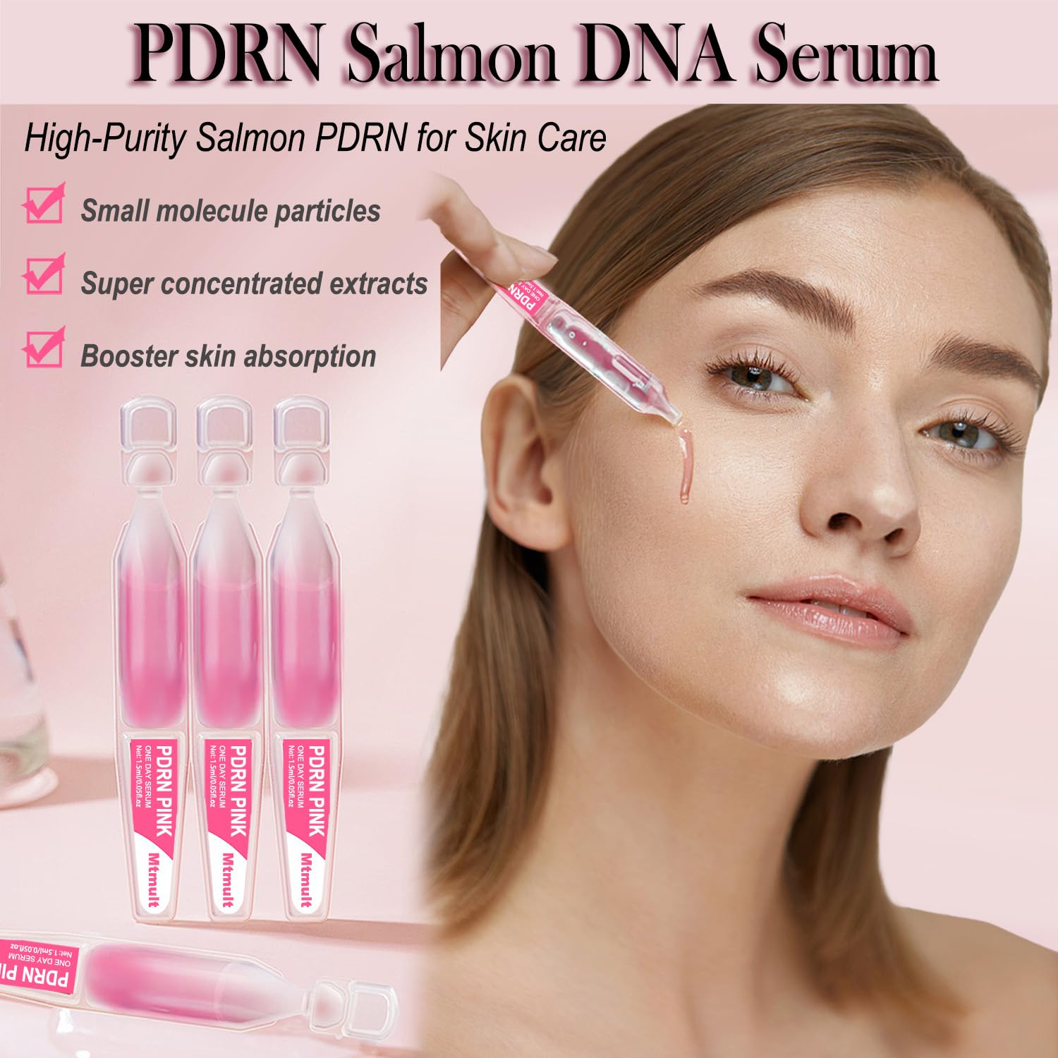 Mtmult Salmon PDRN serum application close-up illustrating pressed absorption.