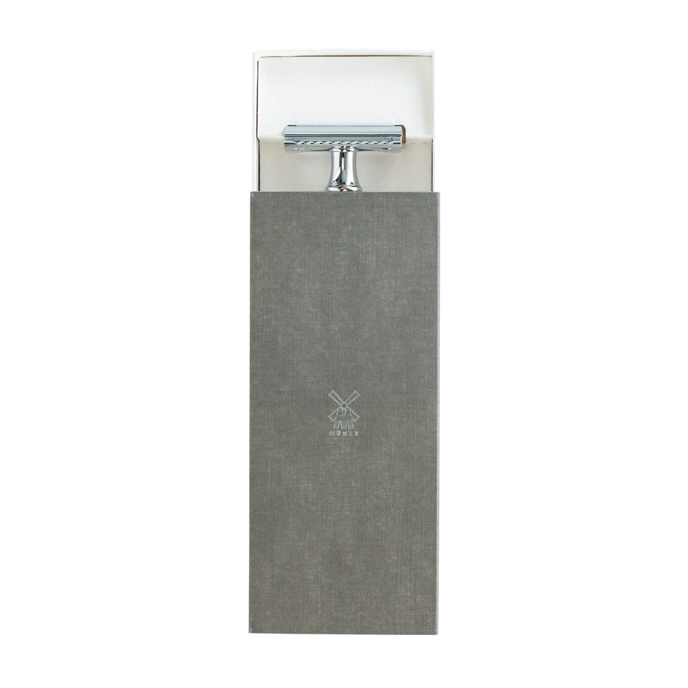 Rasoir MÜHLE Grande R89, tête fermée en détail, rasage net