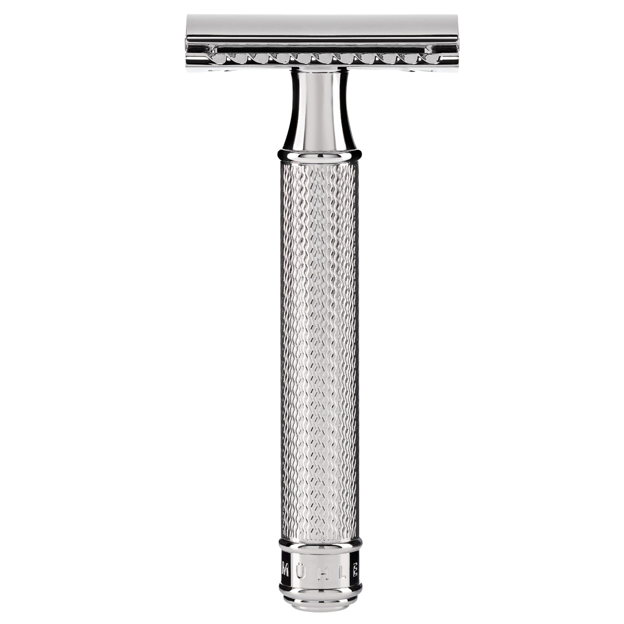 Rasoir MÜHLE R89 avec peigne fermé offrant un rasage précis sans accumulation.