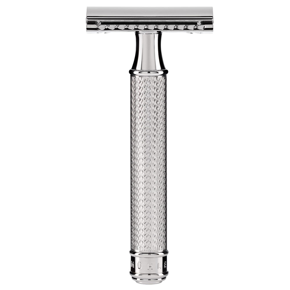 Rasoir MÜHLE R89 avec peigne fermé offrant un rasage précis sans accumulation.