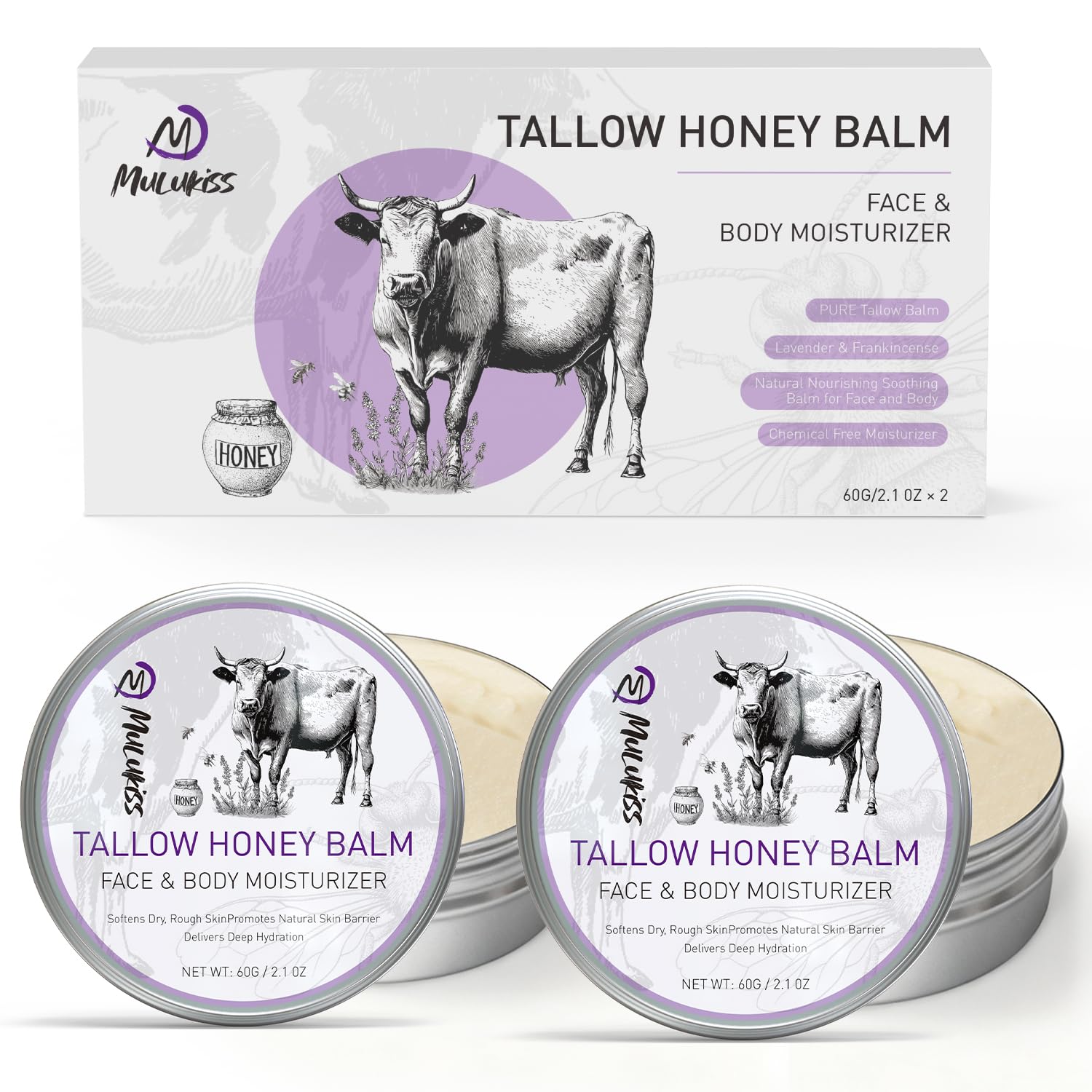Mulukiss tallow de boeuf en pot avec lavande, hydrate la peau en douceur.