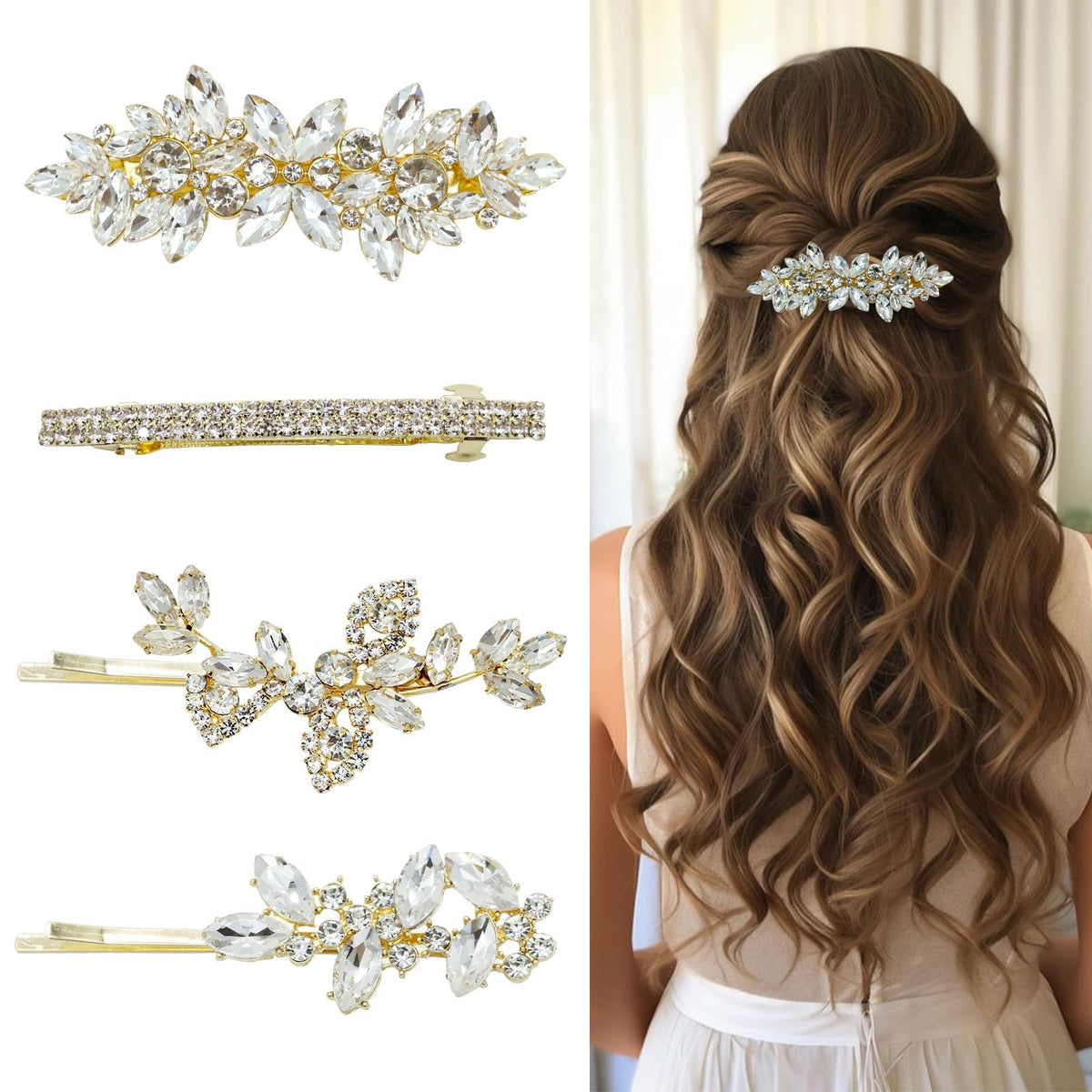Mulzile broches cheveux or feuilles strass pour mariage qui scintillent.