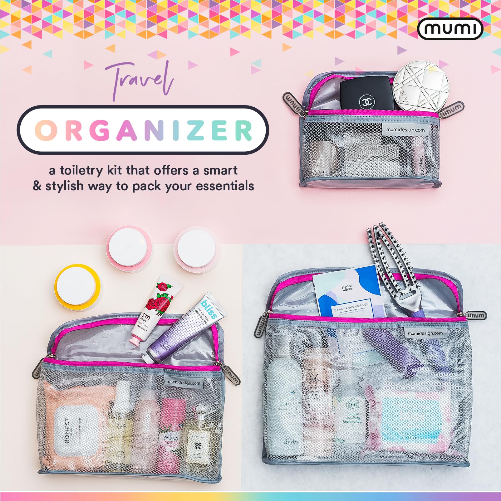 Trousse MUMI TSA approuvée rose, sécurisée et facile à vérifier au contrôle.