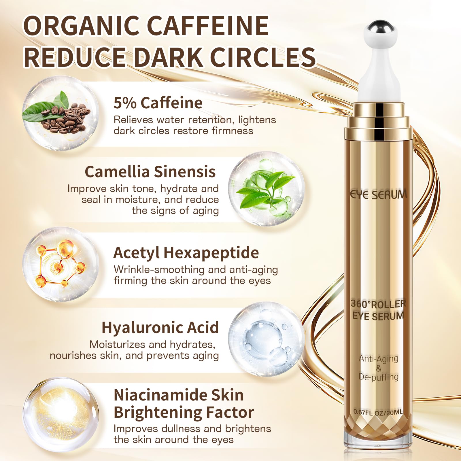 Muocobu Sérum Caféine - Roller 360: massage frais pour atténuer la fatigue visuelle.
