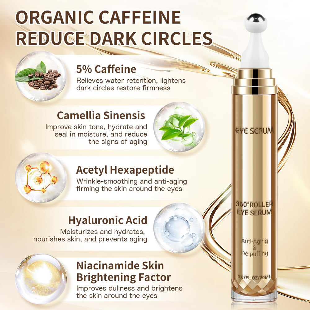 Muocobu Sérum Caféine - Roller 360: massage frais pour atténuer la fatigue visuelle.