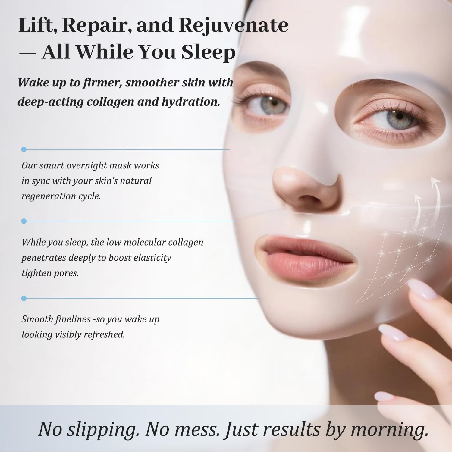 MuQIAN Rosemine : masque-tissu transformation translucide, repère pour le temps de pose.