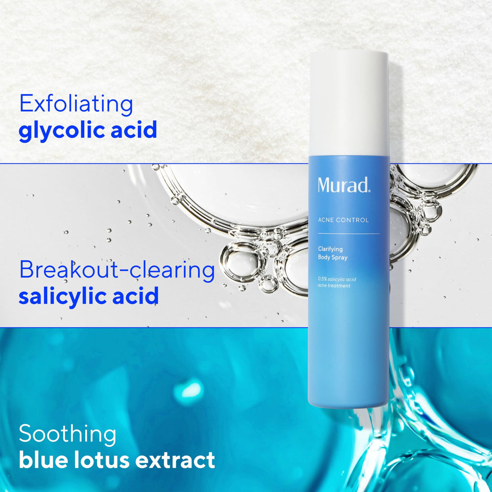 Murad Clarifying Body Spray en action, pulvérisation pratique à tout angle