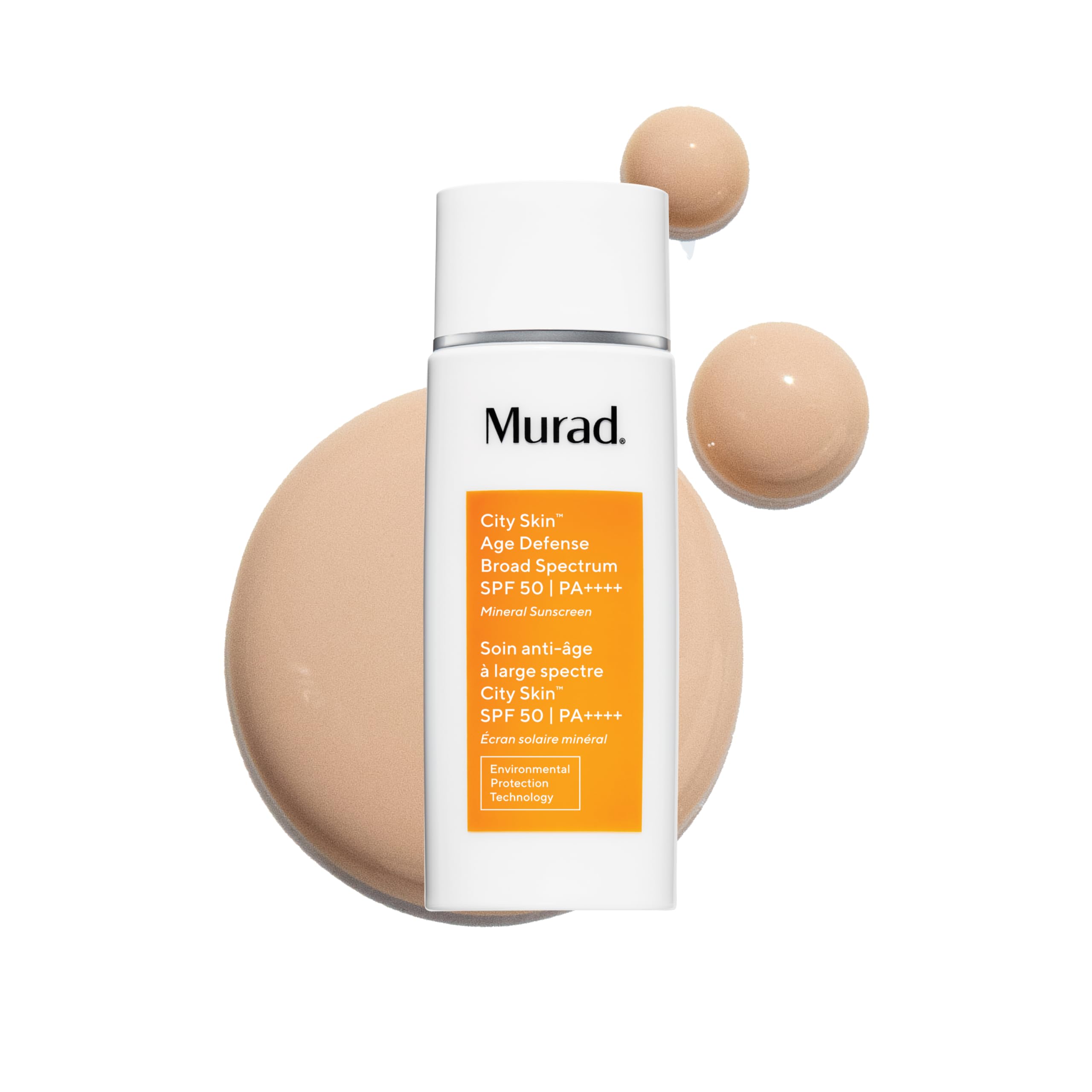 Murad City Skin Defense, flacon-visage : protection minérale SPF50 pour peau protégée au quotidien.