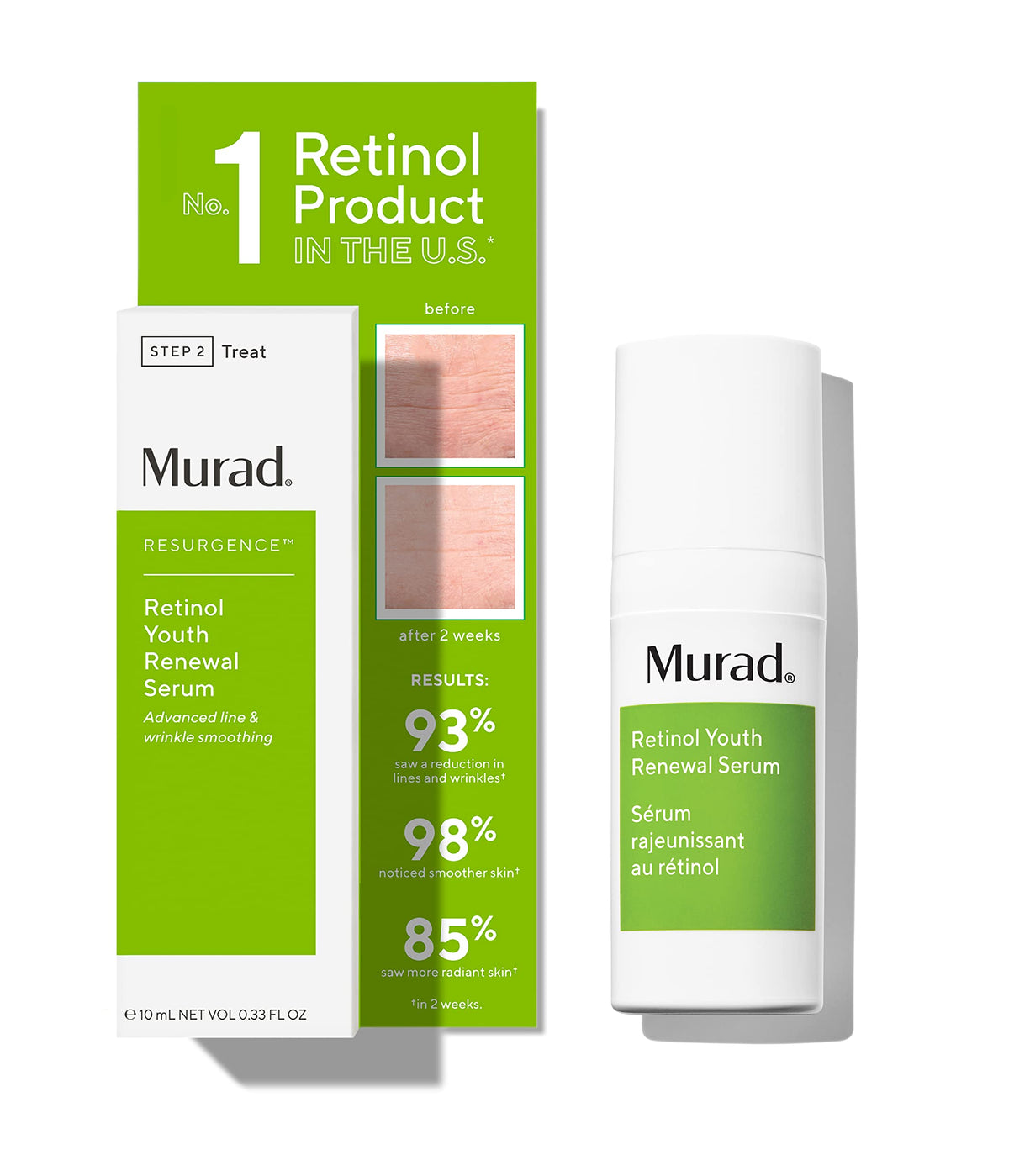 Murad sérum jeunesse rétinol sur visage et cou, cible rides et fermeté.