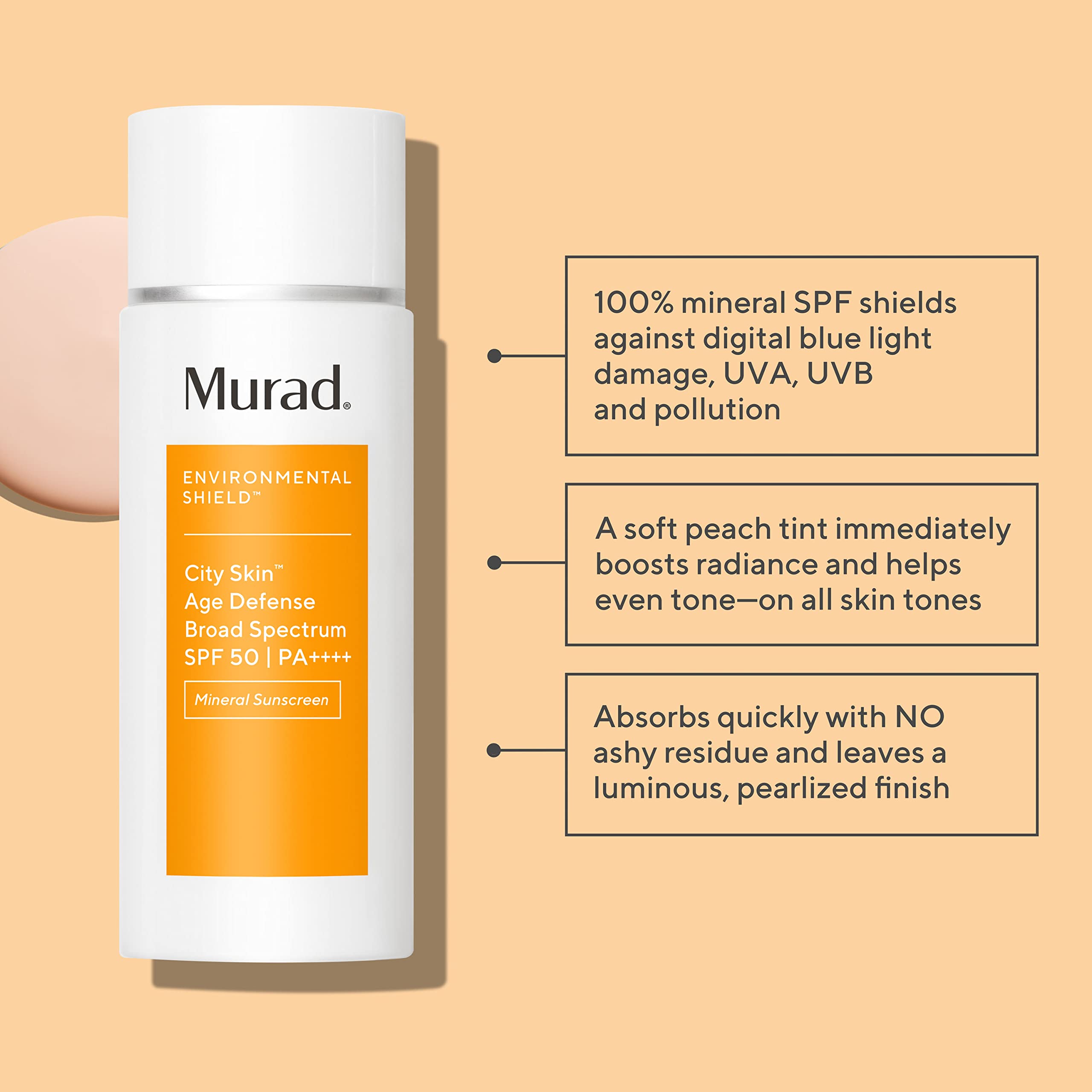 Murad City Skin Defense, teinte pêche légère, unifie subtilement le teint.