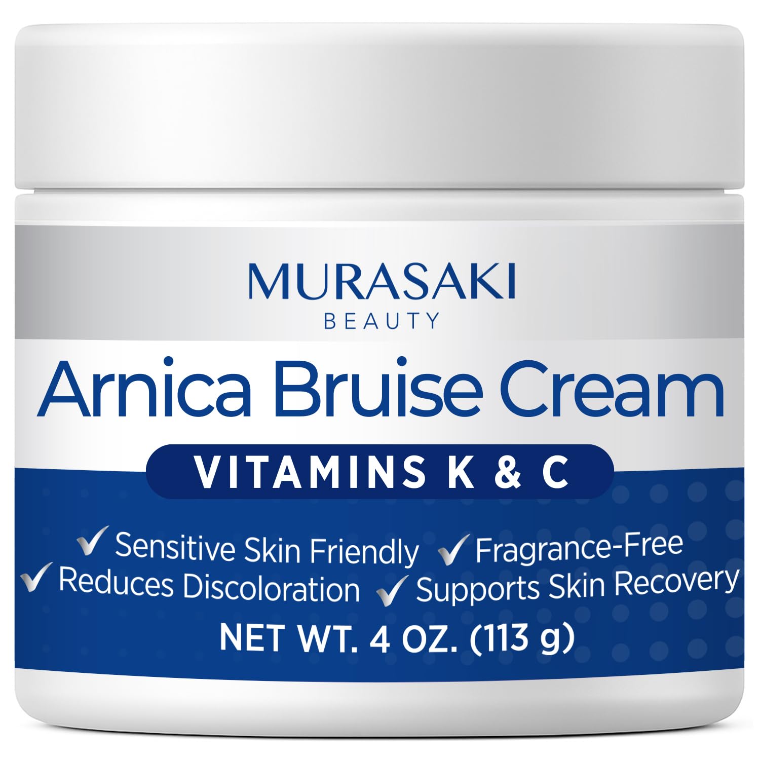 Crème Arnica MURASAKI BEAUTY en flacon, ciblant les bleus et l'enflure.