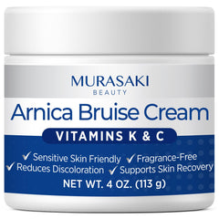 Crème Arnica MURASAKI BEAUTY en flacon, ciblant les bleus et l'enflure.