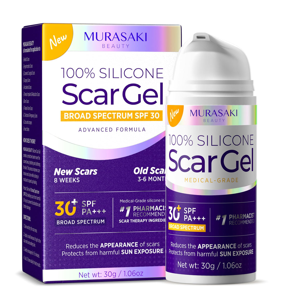 Gel cicatrice MURASAKI BEAUTY, flacon 30 g, application facilitée pour cicatrices récentes