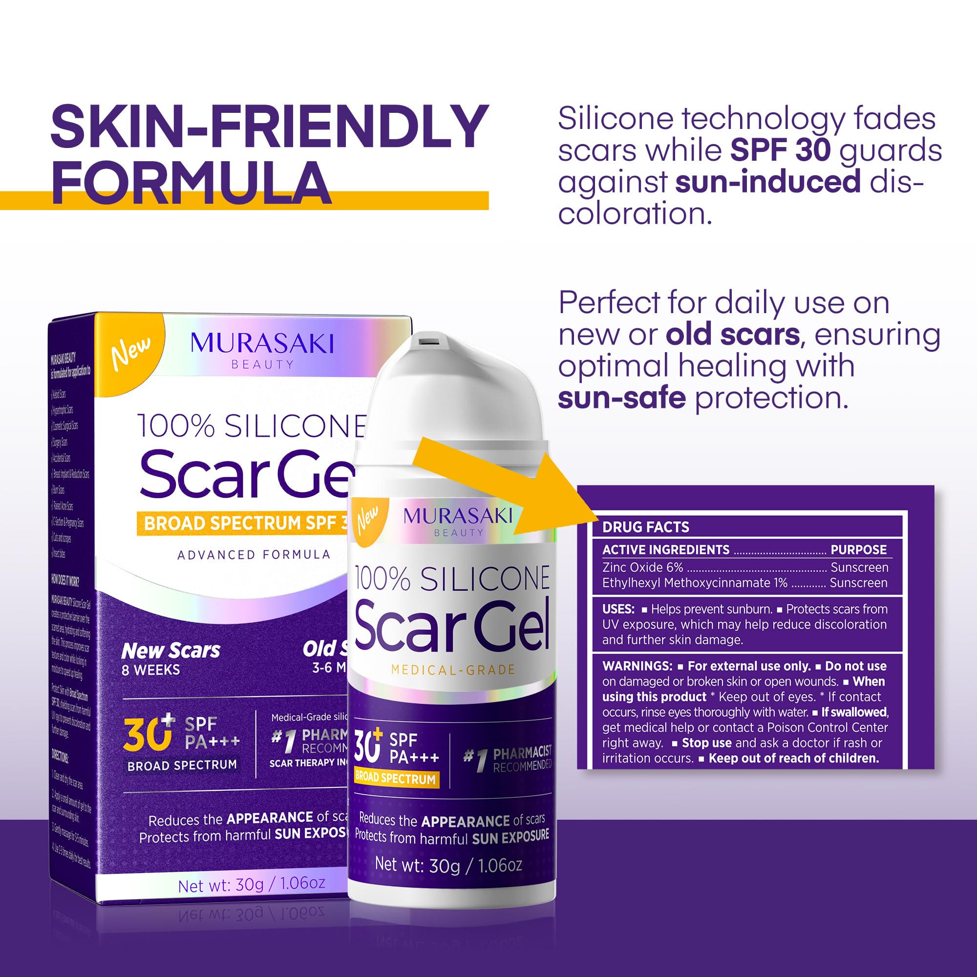 Gel cicatrice MURASAKI BEAUTY, cicatrice chirurgicale post-op, activité quotidienne facilitée
