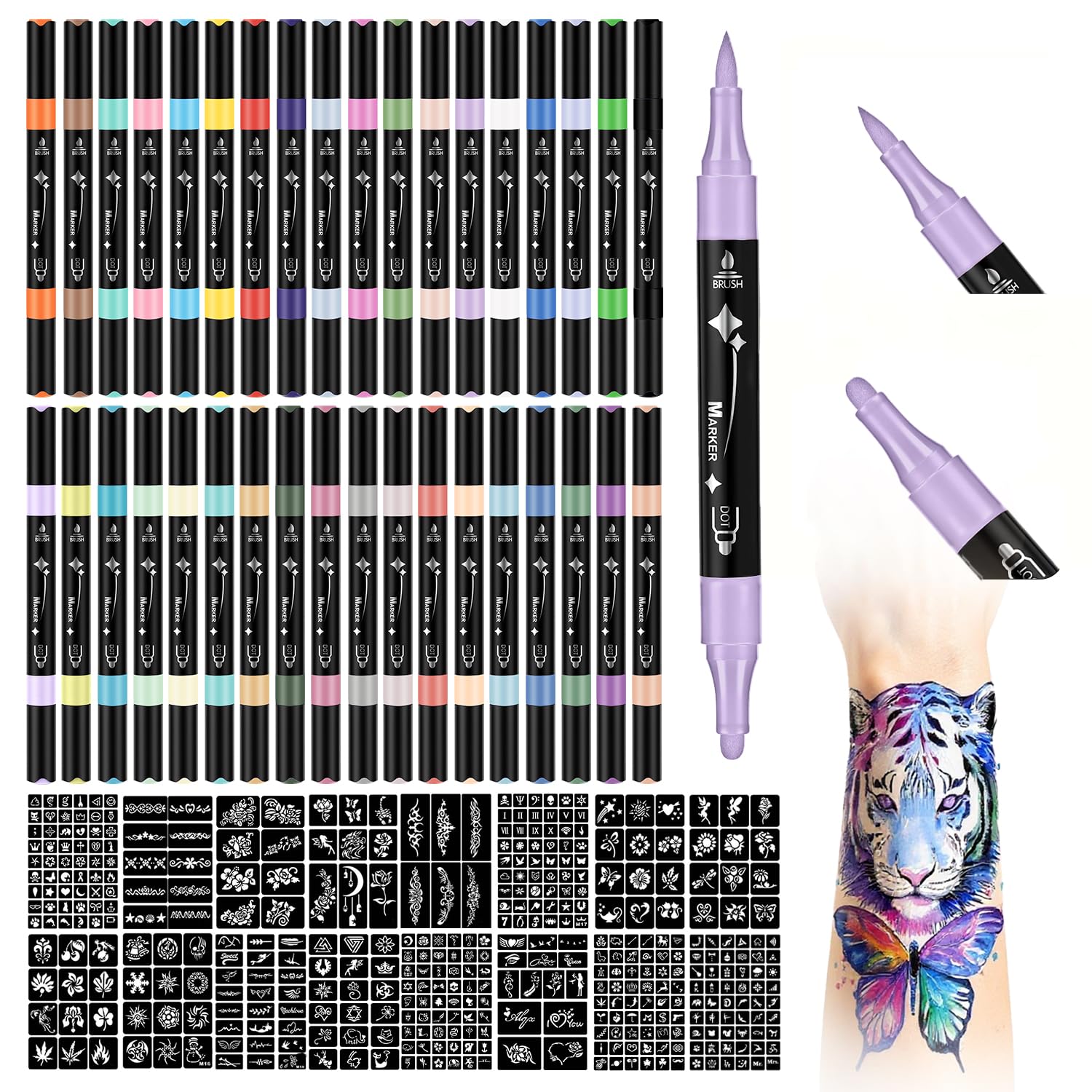 Murend tatouages temporaires marqueurs 36 couleurs pour des designs éclatants sur la peau.