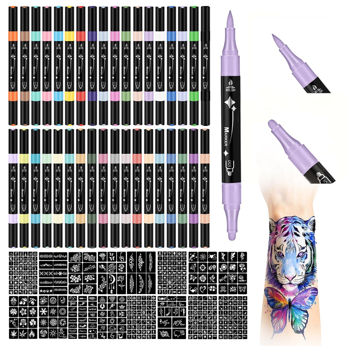 Murend tatouages temporaires marqueurs 36 couleurs pour des designs éclatants sur la peau.