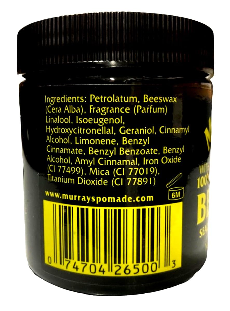 Closeup of Murray's Black Beeswax label, color tint adds depth and shine