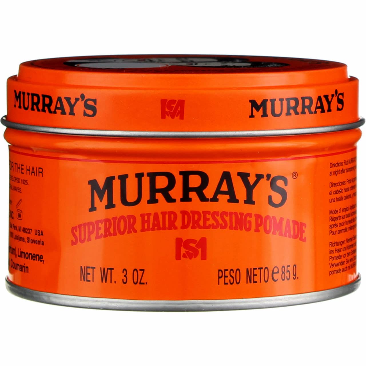 Close-up of Murray's tin highlighting classic formula for thick, curly hair.