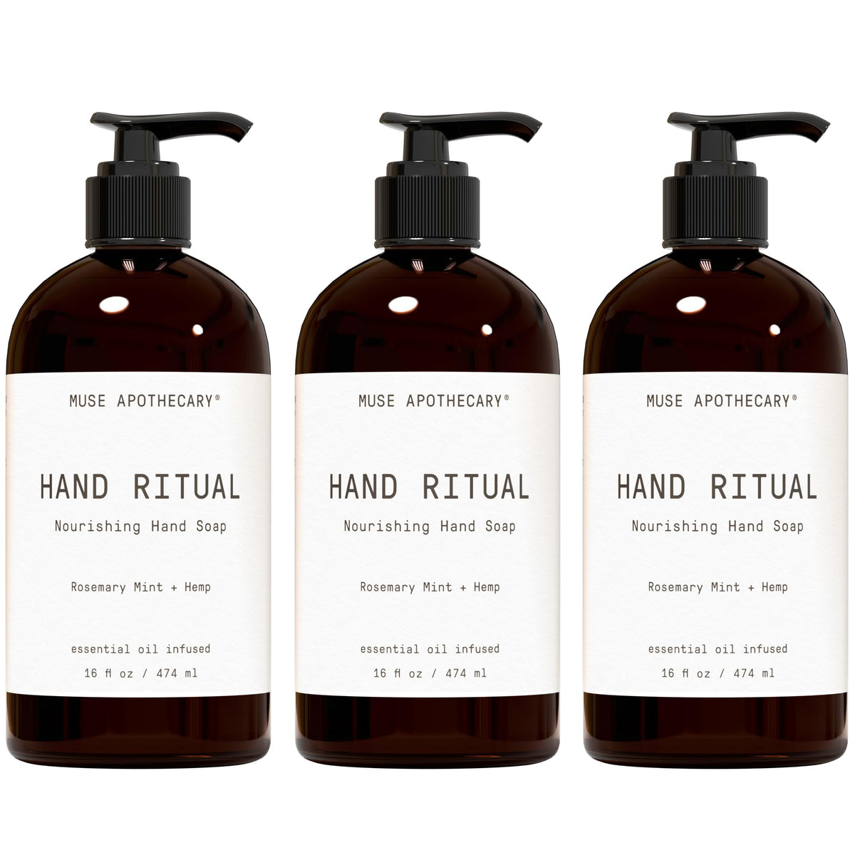 Muse Apothecary Savon Mains Rituel: bouteille prête à l'usage quotidien.