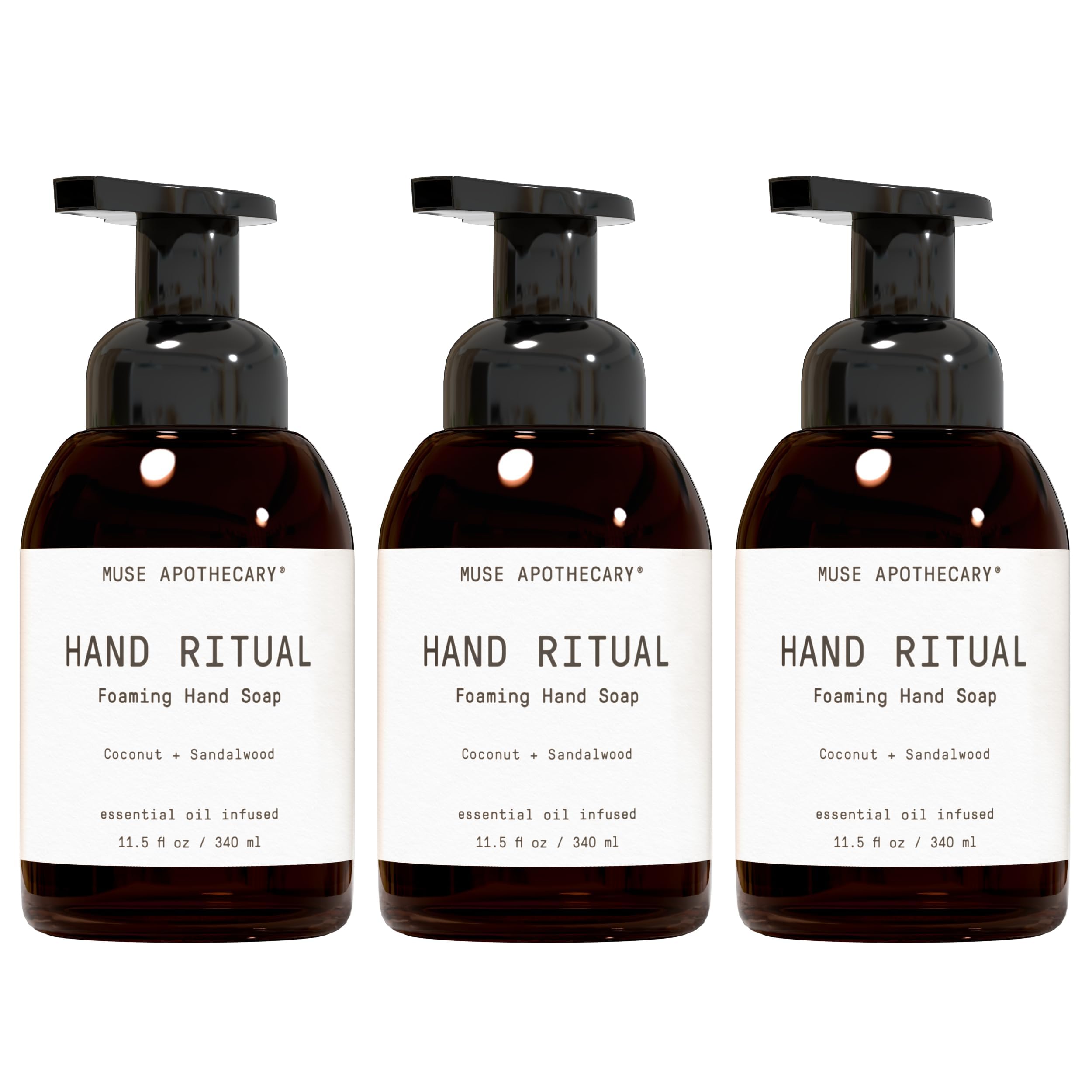 Muse Apothecary Hand Ritual montre une bouteille avec mousse généreuse pour nettoyage doux.