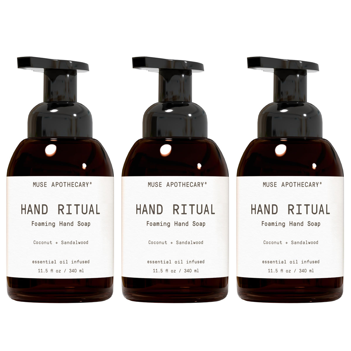 Muse Apothecary Hand Ritual montre une bouteille avec mousse généreuse pour nettoyage doux.