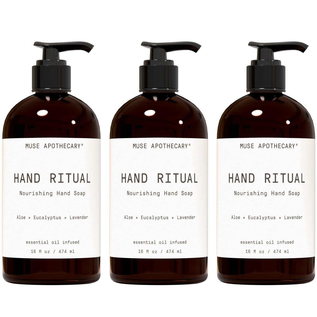 Savon mains Muse Apothecary, flacon 473 ml, arôme apaisant et hydratant.