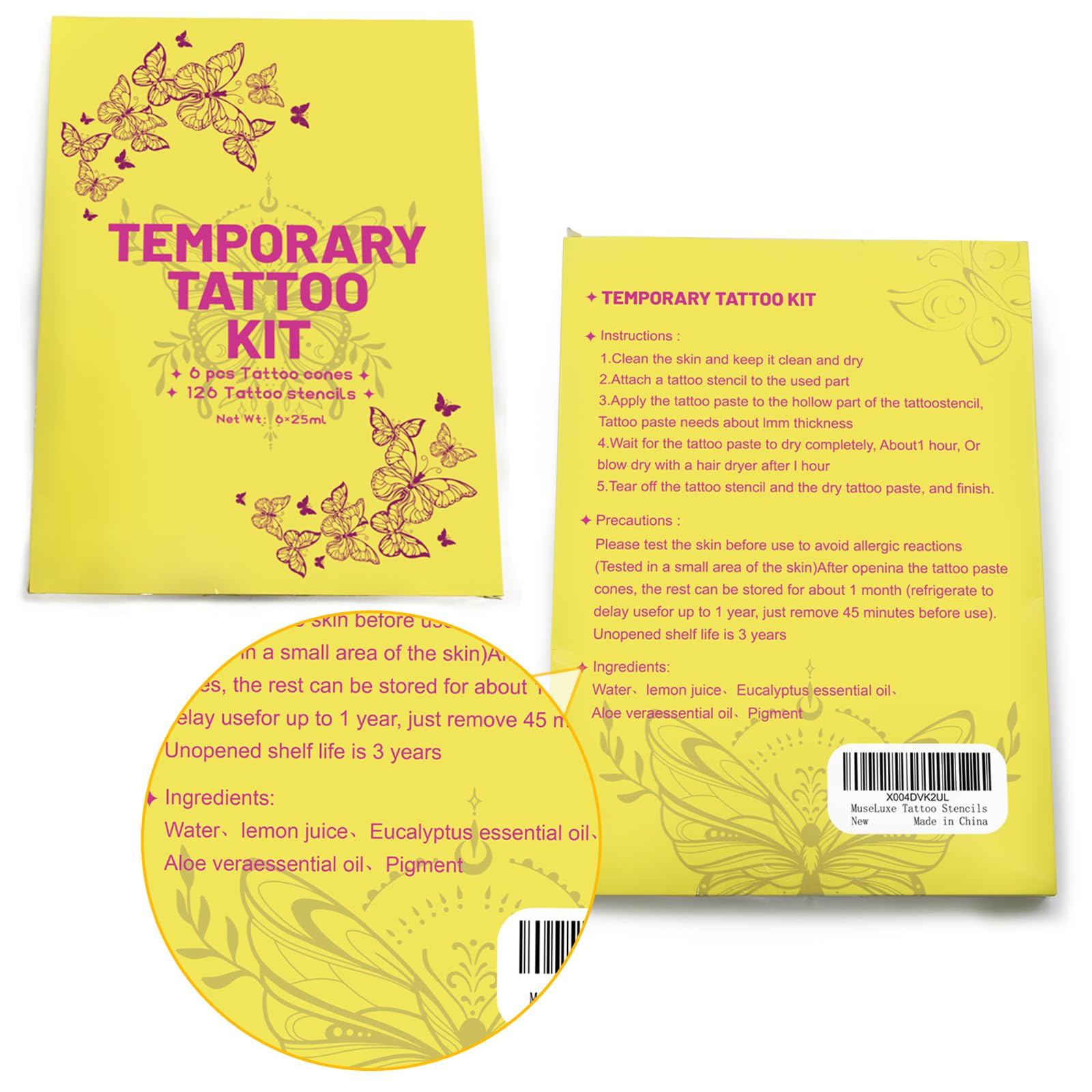 MuseLuxe emballage-tatouages-temporaires-bricolage: produit prêt à offrir ou à démarrer un projet.