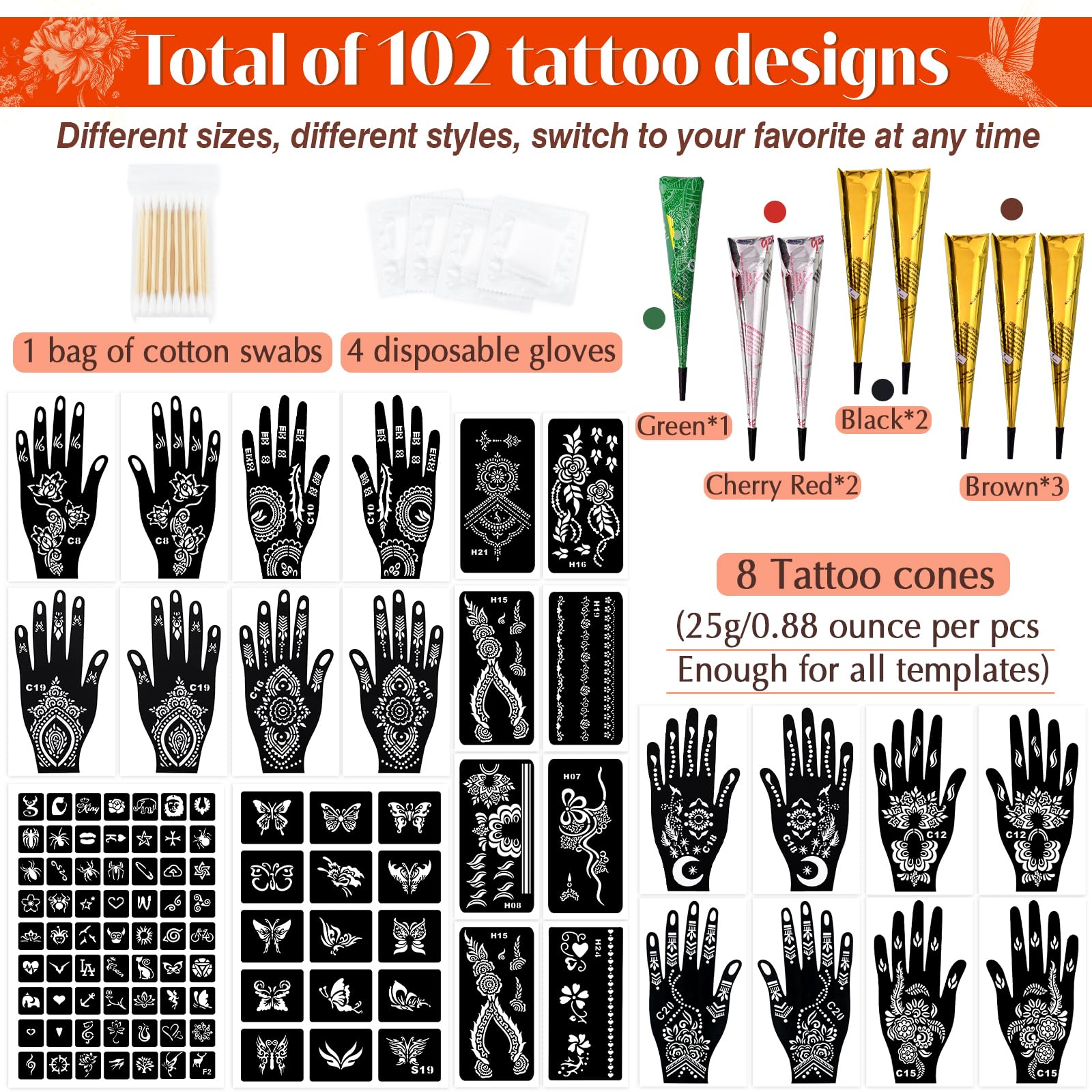 MuseLuxe kit avec 102 motifs variés pour tatouages temporaires, prêt à porter.