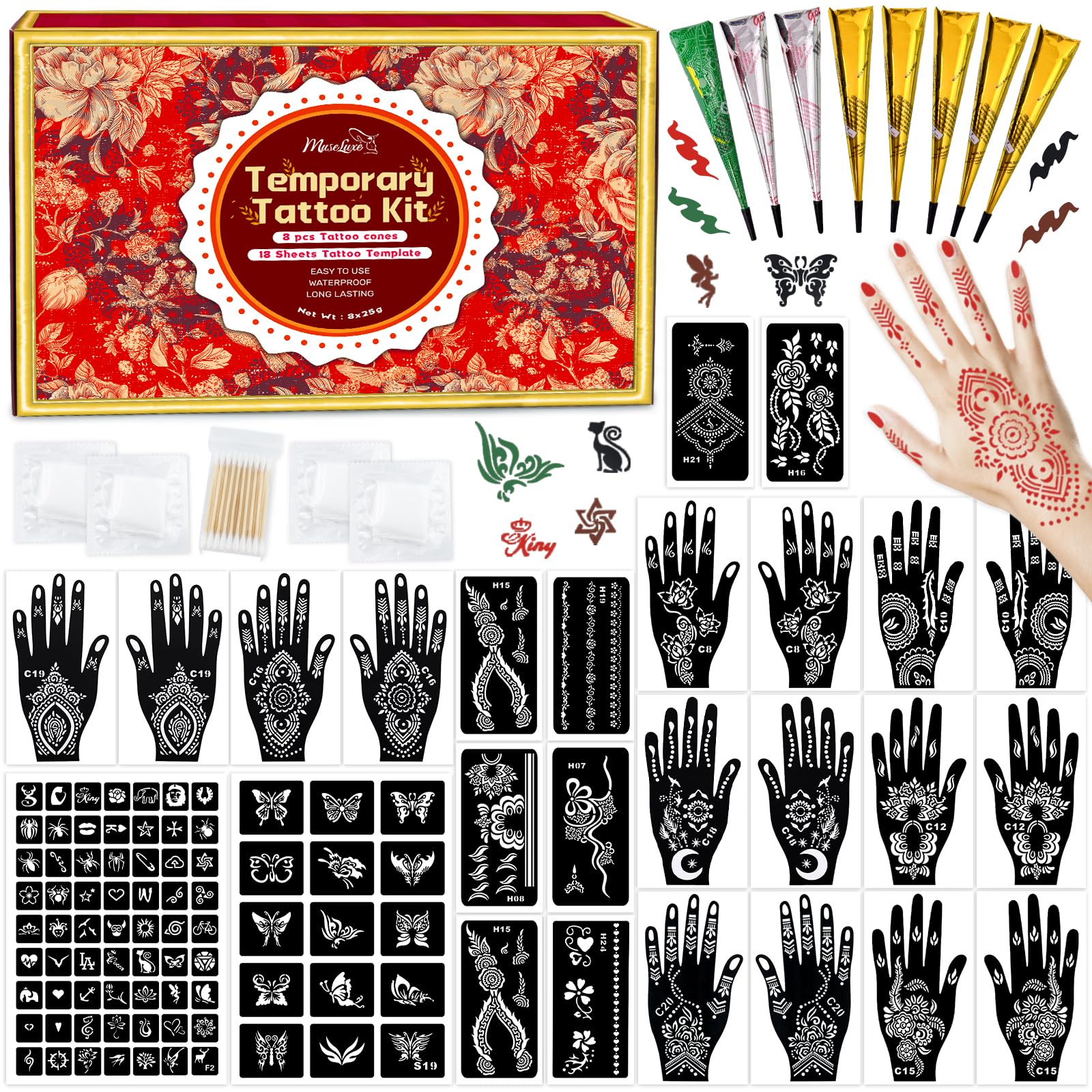 Kit MuseLuxe avec pochoirs et tatouages temporaires pour une personnalisation rapide et sans douleur.