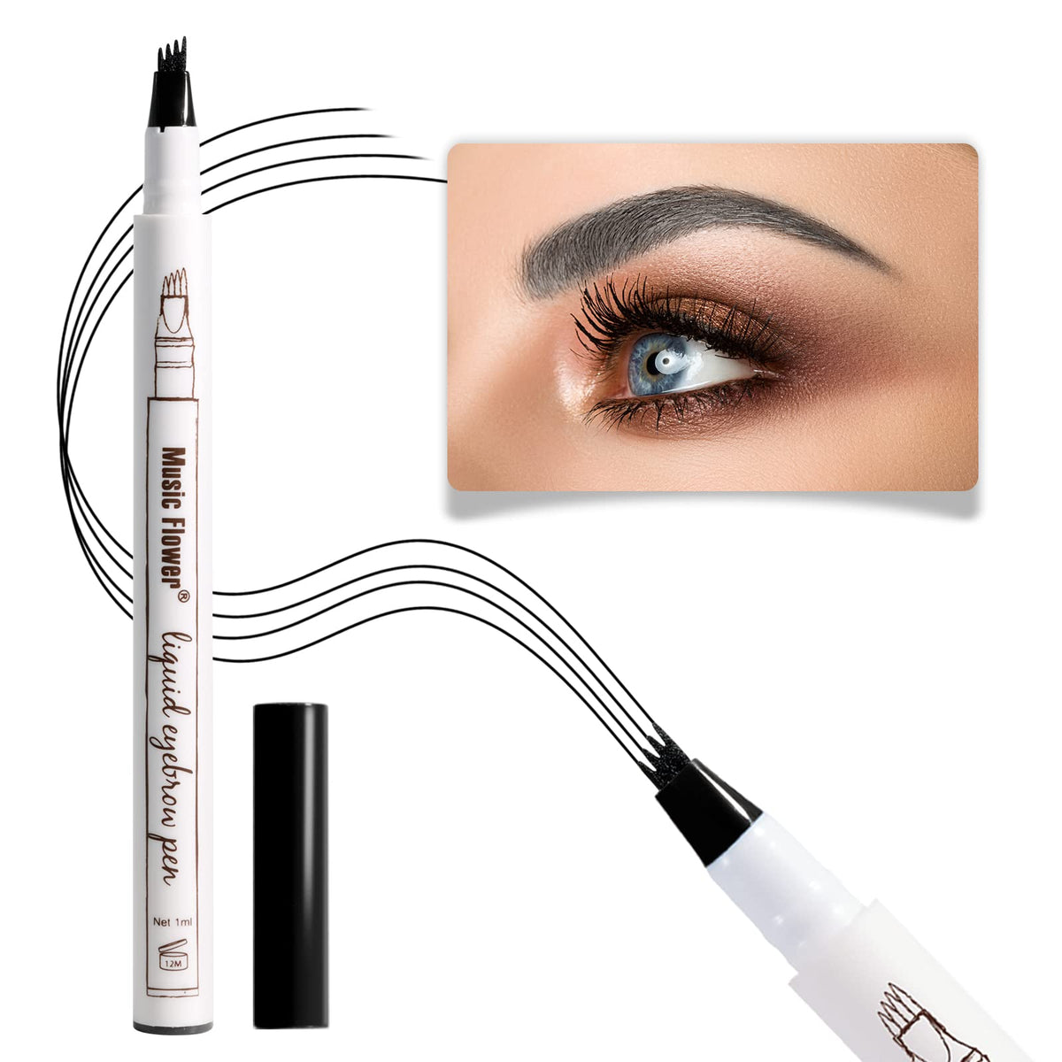 Stylo sourcils Music Flower avec quatre micro-fourches pour tracés précis.