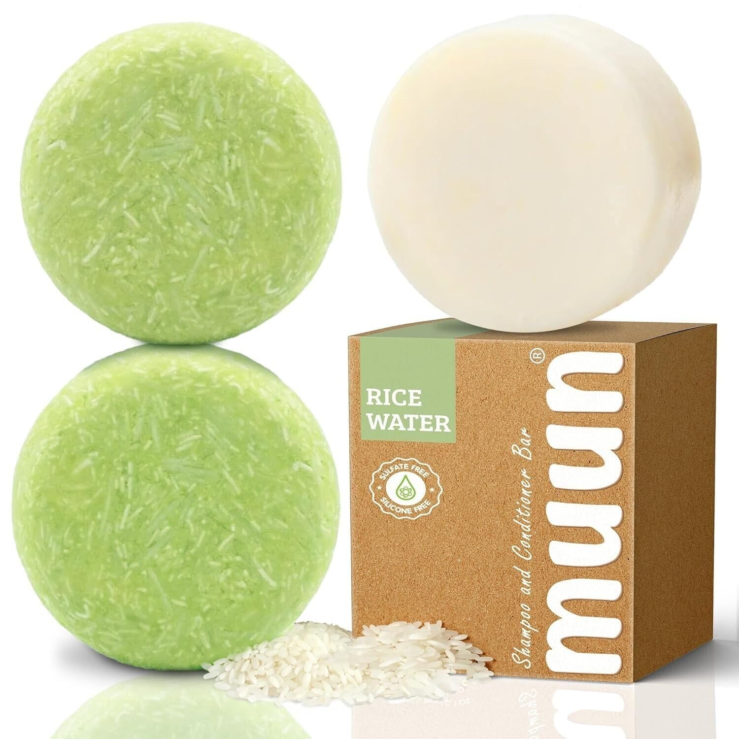 Shampoing Muun pack trio riz-eau, pratique sans plastique pour cheveux sains.