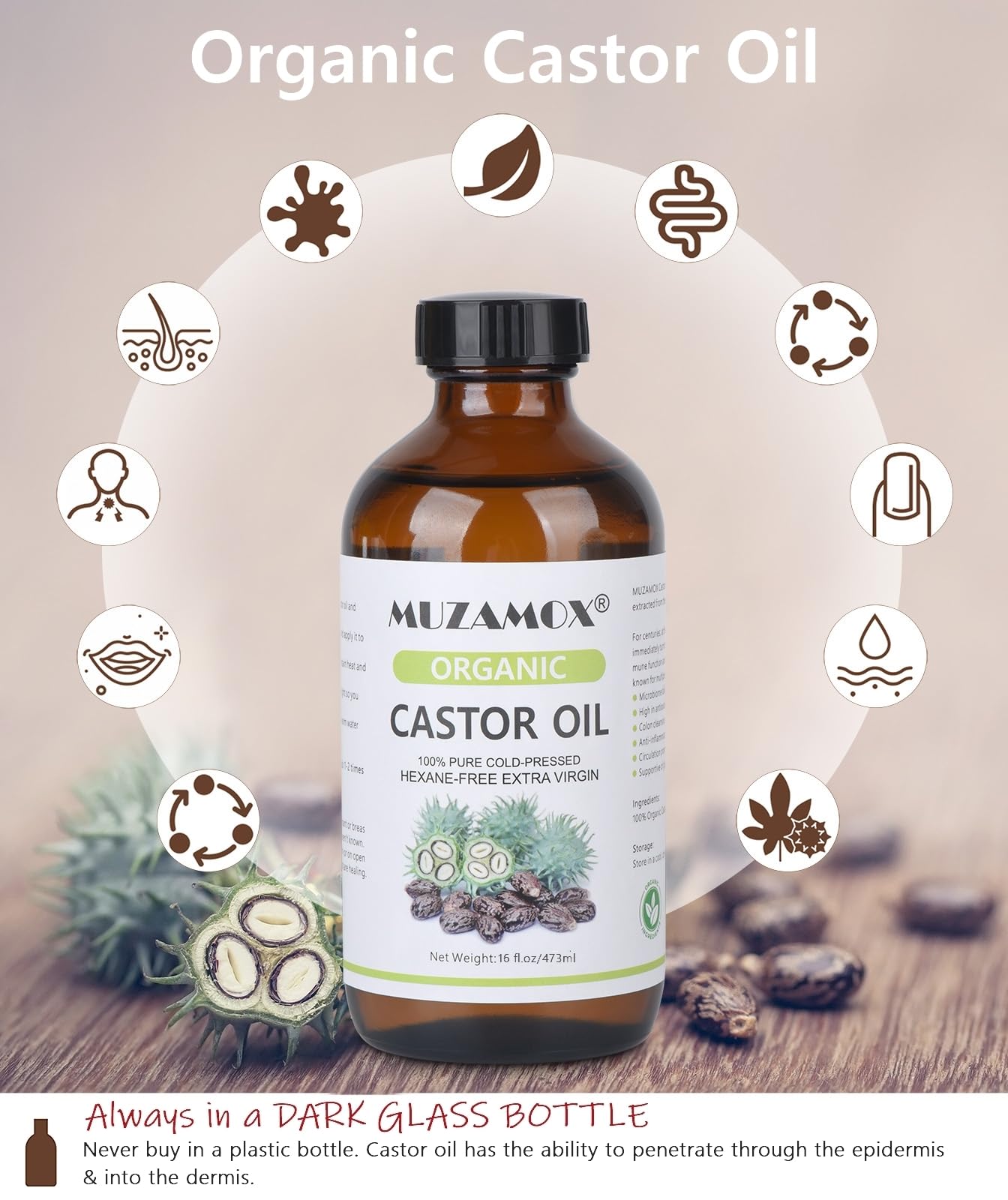 MUZAMOX huile de ricin – bouteille en verre avec étiquette lisible pour dosage précis.