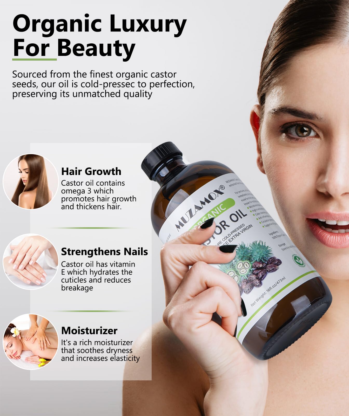 MUZAMOX huile de ricin – utilisation quotidienne sûre pour peau et cheveux sans additifs.