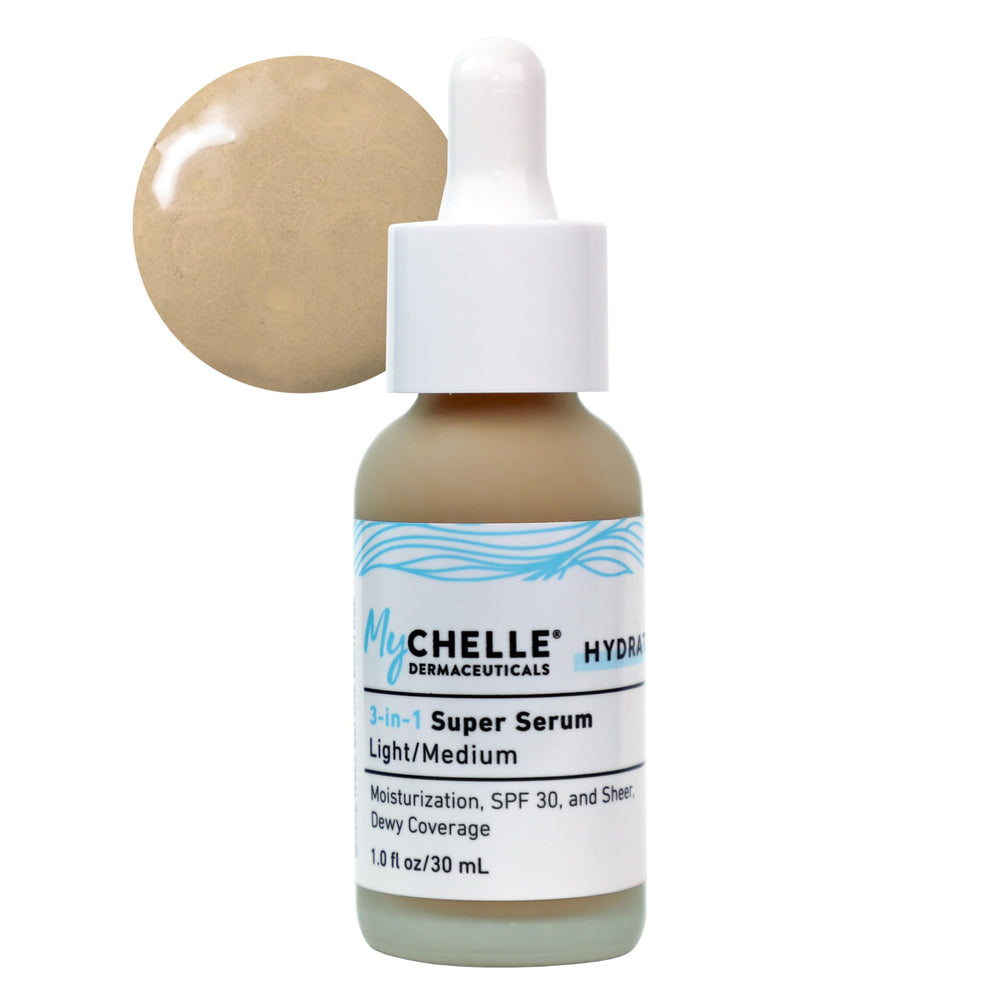 Sérum MyCHELLE Light/Medium en bouteille, éclat naturel et hydratation légère.