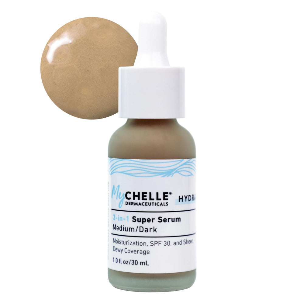 MyCHELLE Medium/Dark 3-in-1 Serum bottle closeup showing clean packaging and tinted glow